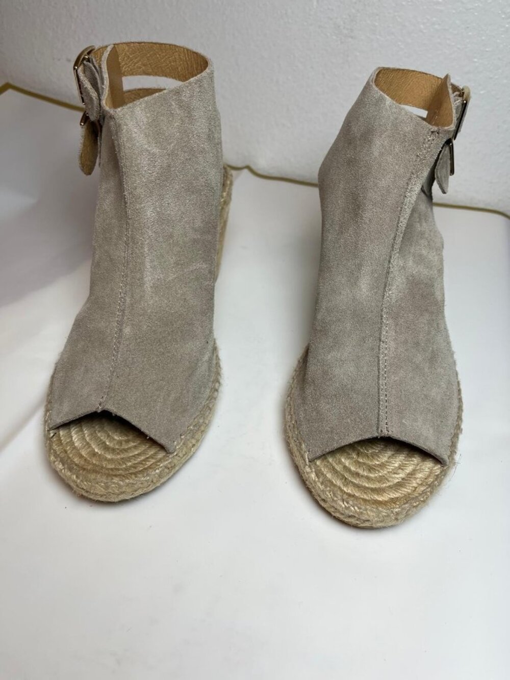Kanna Open Toe Suede Wedges Espadrilles Womens 7 Taupe Buckle Shoes